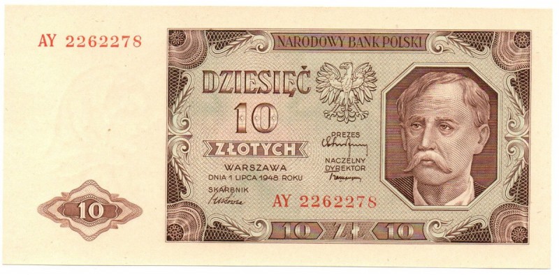 PRL, 10 złotych 1948 AY Bardzo atrakcyjny poszukiwany banknot w emisyjnym stanie...