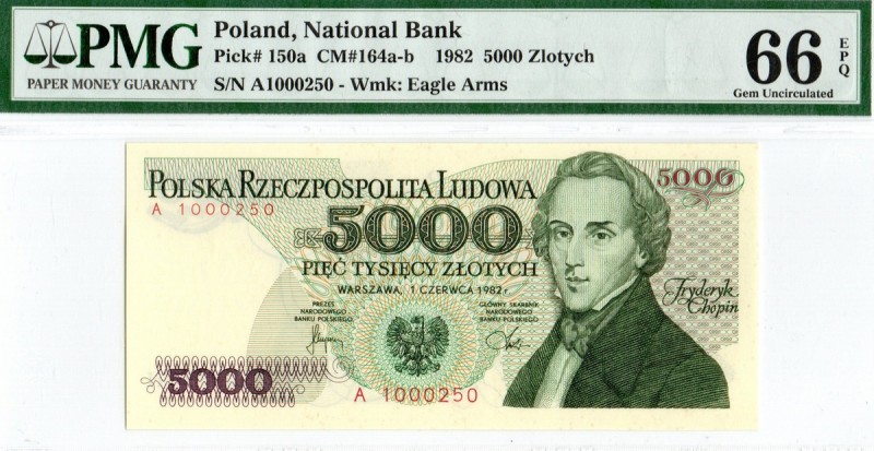 PRL, 5000 złotych 1982 A - PMG 66EPQ Wyśmienicie zachowany banknot, o idealnej, ...