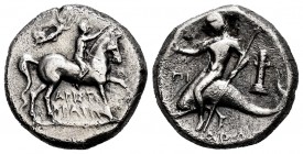 Calabria. Tarentum. Nomos. 272-240 BC. Aristokrates magistrate. (Vlasto-908). (HN Italy-1041). Anv.: Youth on horseback right, crowning horse; behind,...