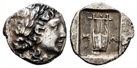 Lycian Dynasts. Masikytes. Hemidrachm. 44-18 BC. (Troxell-86). Anv.: Apollo's head to the right. Rev.: Kytharam between M - A, all within square incus...