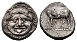 Mysia. Parion. Hemidrachm. Century IV BC. (Bmc-14/16). (Sng France-1356/1357). Anv.: Bull standing left, head reverted; ΠA above, PI below. Rev.: Faci...