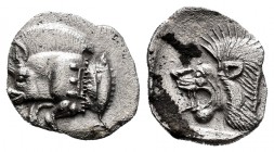 Mysia. Kyzikos. Hemiobol. 450-400 BC. (Sng von Aulock-1213). (Klein-265). Anv.: Forepart of boar to left, tunny fish behind. Rev.: Head of roaring lio...