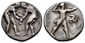 Pamphylia. Aspendos. Stater. 300-250 BC. (Cy-2911). (Gc-5398). Anv.: Two wrestlers grappling; AN between. Rev.: (EΣ)TFEΔ(IIYΣ), slinger in throwing st...