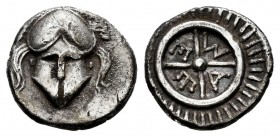 Thrace. Mesembria. Diobol. Century VI BC. (SNG BM Black Sea-268/271). (Topalov, Messambria-8). (Karyatov I-37/37). Anv.: Frontal helmet. Rev.: Wheel w...