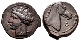 Zeugitania. AE 19. 264-241 BC. (Gc-6526). (Sng Cop-151). Rev.: Horse head to right, in front of Phoenician letter ayin. Ae. 5,81 g. Almost XF. Est...1...