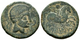 Alaun. Unit. 120-80 BC. Alagón (Zaragoza). (Abh-62). (Acip-1470). Anv.: Male head to the right between three dolphins. Rev.: Rider with palm to the ri...
