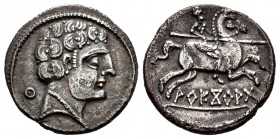 Areikoratikos-Arekoratas. Denarius. 150-20 BC. Agreda (Soria). (Abh-99). Anv.: Male head right, iberian letter KU behind. Rev.: Horseman right, holdin...