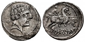 Areikoratikos-Arekoratas. Denarius. 150-20 BC. Agreda (Soria). (Abh-111). Anv.: Male head right, iberian letter KU behind. Rev.: Horseman right, holdi...