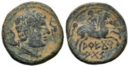 Areikoratikos-Arekorata. Unit. 150-20 BC. Agreda (Soria). (Abh-120). Anv.: Male head right with two dolphins. Rev.: Horseman right, holding spear, leg...