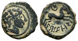 Arsaos. Cuadrante. 120-80 BC. Area of Navarra. (Abh-152). (Acip-1648 var). Anv.: Male head to right. Rev.: Horse jumping to the right, above crescent ...