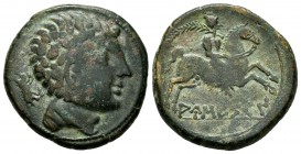 Ausesken. Unit. 120-20 BC. Vic (Barcelona). (Abh-167). (Acip-1031). Anv.: Male head to right, behind wild boar. Rev.: Rider with palm to the right, be...