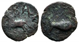 Balsa. Sextans. 50 BC. Tavira (Portugal). (Gomes-16.01). (Abh-197). Anv.: Horse trotting left, above BALSA. Rev.: Tuna right. Ae. 2,30 g. Rare. VF. Es...