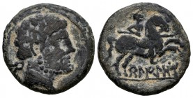 Belikiom. Unit. 120-20 BC. Belchite (Zaragoza). (Abh-243). Anv.: Bearded head right, iberian letter BE behind. Rev.: Horseman right, holding spear, ib...
