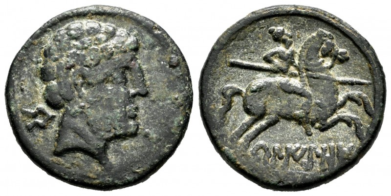 Belikiom. Unit. 120-20 BC. Belchite (Zaragoza). (Abh-243). Anv.: Bearded head ri...