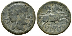 Bilbilis. Unit. 120-30 BC. Calatayud (Zaragoza). (Abh-254). (Acip-1568). Anv.: Male head right, before dolphin, behind Iberian letter S. Rev.: Horsema...