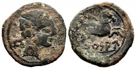 Bursau. Half unit. 120-80 BC. Borja (Zaragoza). (Abh-302). (Acip-1592). Anv.: Male head right, before letter BU. Rev.: Horse jumping right, below BURS...