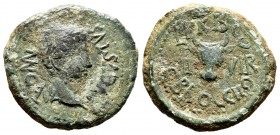 Calagurris. Semis. 27 BC -14 AD. Calahorra (La Rioja). (Abh-3123). (Acip-426). Anv.: Laureate head of Augustus, around MVN CAL AVGVSTVS. Rev.: Head of...