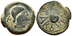 Carbula. Unit. 80 BC. Almodovar del Rio (Cordoba). (Abh-439). (Acip-2312 var). Anv.: Male head right, iberian letter TA behind and "snake"? before. Re...