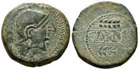 Carmo. Unit. 80 BC. Carmona (Sevilla). (Abh-454). Anv.: Male head right within a laurel wreath. Rev.: Two ears of corn right, CARMO in between. Ae. 25...