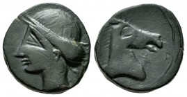 Hispanic-Carthaginian Coinage. Calco. 220-215 BC. Cartagena (Murcia). (Abh-515). (Acip-585). (C-45). Anv.: Head of Tanit left. Rev.: Head of horse rig...