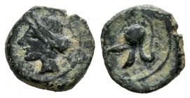 Hispanic-Carthaginian Coinage. 1/4 calco. 220-215 BC. Cartagena (Murcia). (Abh-523). (Acip-586). Anv.: Head of Tanit left. Rev.: Helmet. Ae. 1,28 g. C...