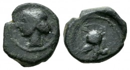 Hispanic-Carthaginian Coinage. 1/4 calco. 220-215 BC. Cartagena (Murcia). (Abh-523). (Acip-586). (C-46). Anv.: Head of Tanit left. Rev.: Helmet. Ae. 1...