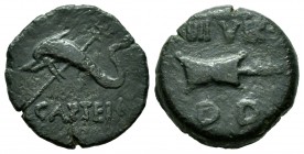 Carteia. Augustus period. Half unit. 31 BC - 14 AD. San Roque (Cadiz). (Abh-683). (Acip-2612). (C-68). Anv.: Dolphin left, CARTEIA below. Rev.: Rudder...