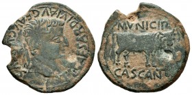 Cascantum. Time of Tiberius. Unit. 14-36 BC. Cascante (Navarra). (Abh-690). (Acip-3159). Anv.: Laureate head of Tiberius right around CAESAR DIVI AVG ...