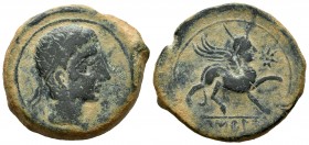Kastilo-Castulo. Unit. 180 BC. Cazlona (Jaén). (Abh-707). Anv.: Laureate male head right. Rev.: Sphinx right, star before, legend KASTILO below. Ae. 2...