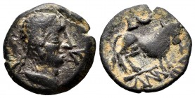 Kastilo-Castulo. Half unit. 180 BC. Cazlona (Jaén). (Abh-722 var). Anv.: Male head with diadem to the right. Rev.: Bull to the right, above L and cres...