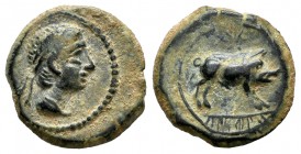 Kastilo-Castulo. Cuadrante. 180 BC. Cazlona (Jaén). (Abh-733). (Acip-2152). Anv.: Male head with diadem on the right. Rev.: Wild boar on the right, ab...