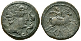 Kelse-Celsa. Unit. 120-50 BC. Velilla de Ebro (Zaragoza). (Abh-771). (Acip-1482). (C-11). Anv.: Male head right with cloak and fibula, three dolphins ...