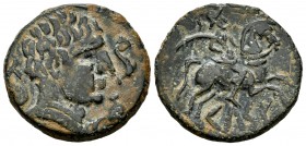 Kelse-Celsa. Unit. 120-50 BC. Velilla de Ebro (Zaragoza). (Abh-771). (Acip-1482 var). Anv.: Male head to the right surrounded by three dolphins. Rev.:...