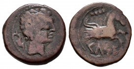 Kelse-Celsa. Quadrans. 120-50 BC. Velilla de Ebro (Zaragoza). (Abh-791). (Acip-1488). Anv.: Male head right, dolphin behind. Rev.: Forepart of Pegasus...