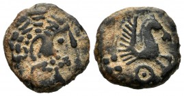Kueliokos. Quadrans. 120-20 BC. High zone of Ebro. (Abh-874). (Acip-1689). Anv.: Bearded head right. Rev.: Forepart of Pegasus, iberian letter KU and ...