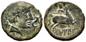 Tanusia. Unit. 120-20 BC. Area of Aragon. (Abh-890). (Acip-1640). (C-3). Anv.: Male head right, dolphin to righ, "TA" to left. Rev.: Warrior, holding ...