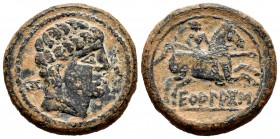 Ekualakos. Unit. 120-20 BC. Area of Soria-Guadalajara. (Abh-969). (Acip-1849). (C-2). Anv.: Male head to right, in front of dolphin, behind E. Rev.: R...