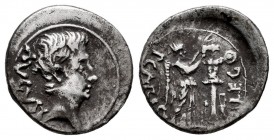 Emerita Augusta. Augustus period. Quinarius. 27 BC. Mérida (Badajoz). (Abh-982). (Ric-1a). Anv.: AVGVST. Head of Augustus right. Rev.: Victoria standi...