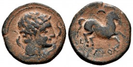 Iltirta. Half unit. 200-20 BC. Lleida (Cataluña). (Abh-1466). (Acip-1259). Anv.: Male head right, around three dolphins. Rev.: Horse right, above cres...