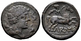 Lakine. Unit. 120-20 BC. Area of Aragon. (Abh-1655). (Acip-1505). Anv.: Male head right, three dolphins around. Rev.: Horseman right, holding palm, ib...