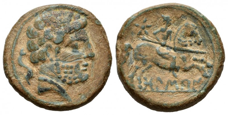 Bolskan. Unit. 180-20 BC. Huesca. (Abh-1918). Anv.: Bearded head right, dolphin ...