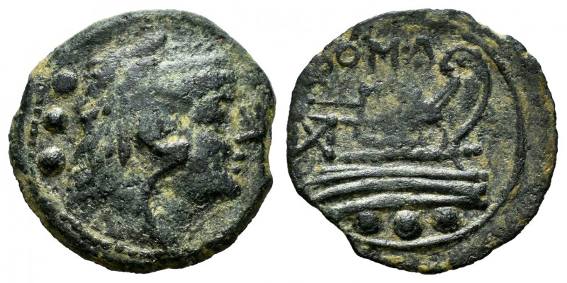 Anonymous. Quadrans. 211-206 BC. (Spink-1037). Rev.: ROMA. Prow right, three pel...