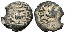 Judaea. Prutah. Year 2 = 67/8 AD. Jerusalem. (TJC-196). (Sofaer-11/4). (Hendin-1360). Anv.: 'Year two' in Paleo-Hebrew, amphora with broad rim and two...