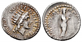 Mark Antony. Denarius. 38 BC. Mint moving. (Ffc-19). (Craw-533/2). (Cal-165). Anv.: III. VIR. R.P.C. COS. DESIG. ITER. ET. TERT., radiate head of Sol ...