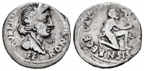 Augustus. P. Petronius Turpilianus. Denarius. 19 BC. Rome. (Ffc-304). (Ric-288). (Cal-1080). Anv.: TVRPILIA(NVS III. V)IR. radiate bust of Feronia dra...