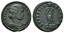 Fausta. Centenionalis. 324-325 AD. Trier. (Spink-16558). Rev.: SPES REIPVBLICAE / PTR. Fausta standing facing, head left, holding two infants in her a...