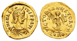 Anastasius. Tremissis. 491-518 AD. Constantinople. (MIBE-13). (Doc-10). (Sear-8). Anv.: D N ANASTASIVS P P AVG, pearl-diademed, draped and cuirassed b...
