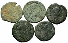 Lot of 5 Ibero Roman coins. Units from different mints: Gracurris, Celsa, Calagurris (2) and Caesar Augusta. Some with "Eagle's head" countermark. AE....