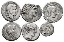 Lot of 6 coins from the Roman Republic. Denarius from different families like: Titia, Vibia, Antonia, Aquilia (2) and Quinarius of Emerita Augusta. In...