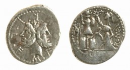 Denarius AR
M. Furius, 119 BC, Laureate head of bearded Janus / Roma standing left, holding wreath and scepter; to left, trophy of Gallic arms flanke...